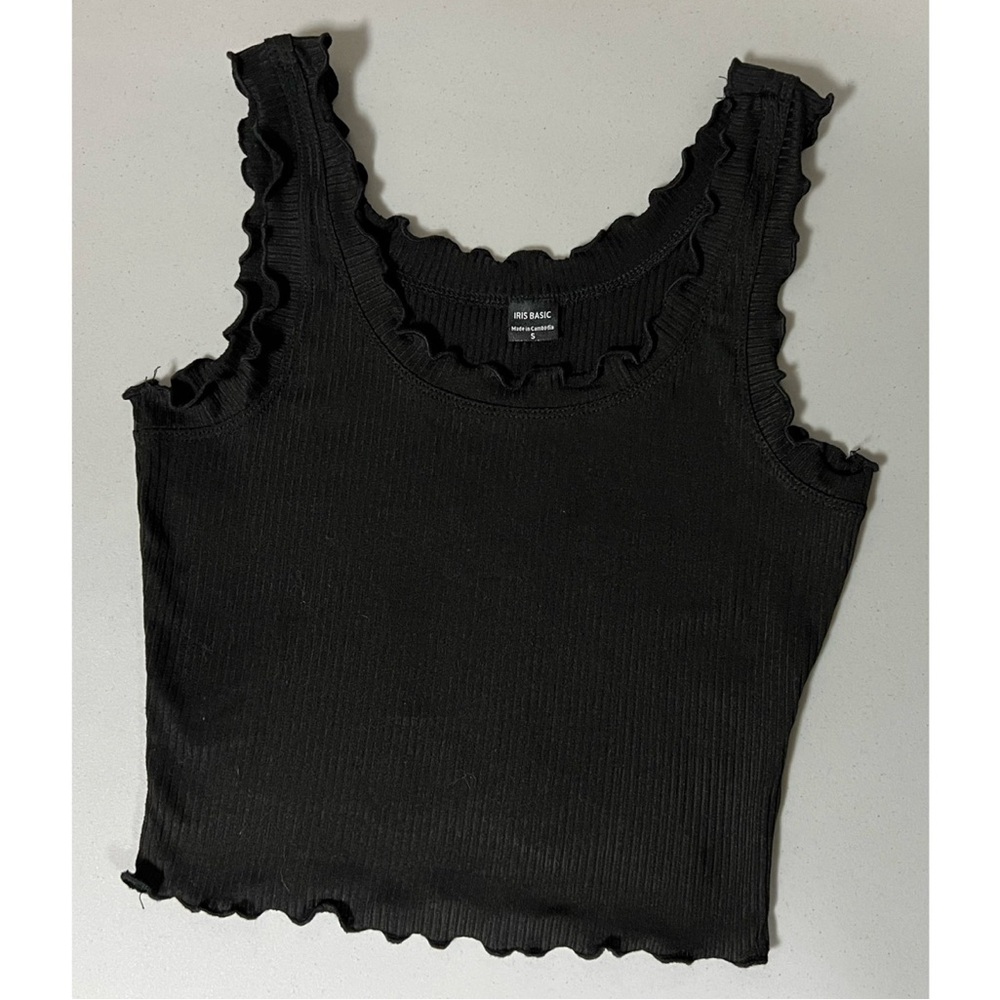 Iris Basic Black Ribbed Frill Tank Crop Top Cami Camisole Shirt Tee Size S 🕷️